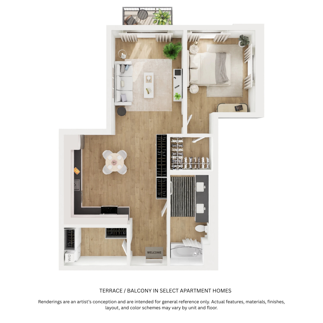 Floor plan for 1 bed, 1 bath, 767 sqft